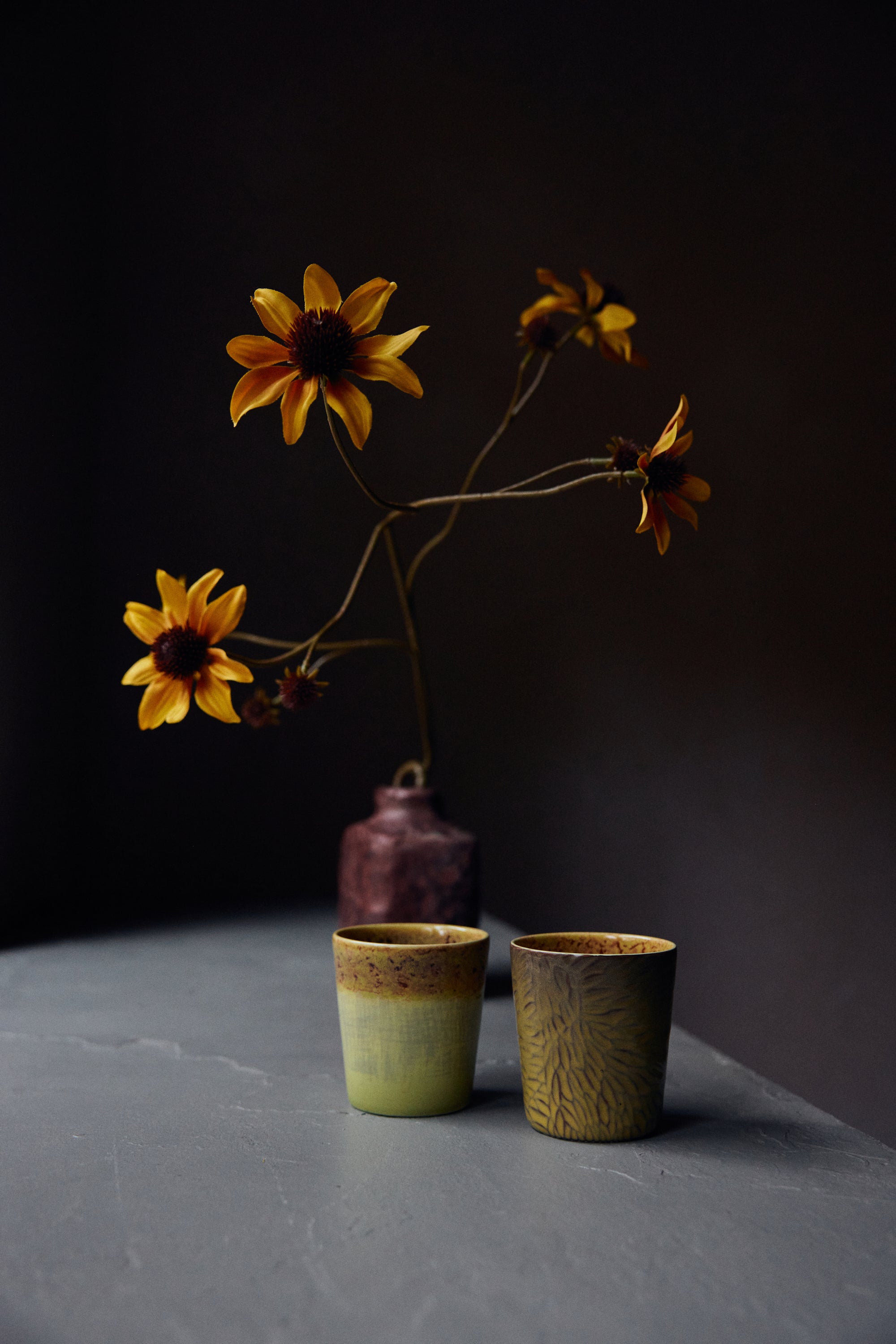 70s ceramics: Van Gogh coffee mugs, sunflowers, set of 2