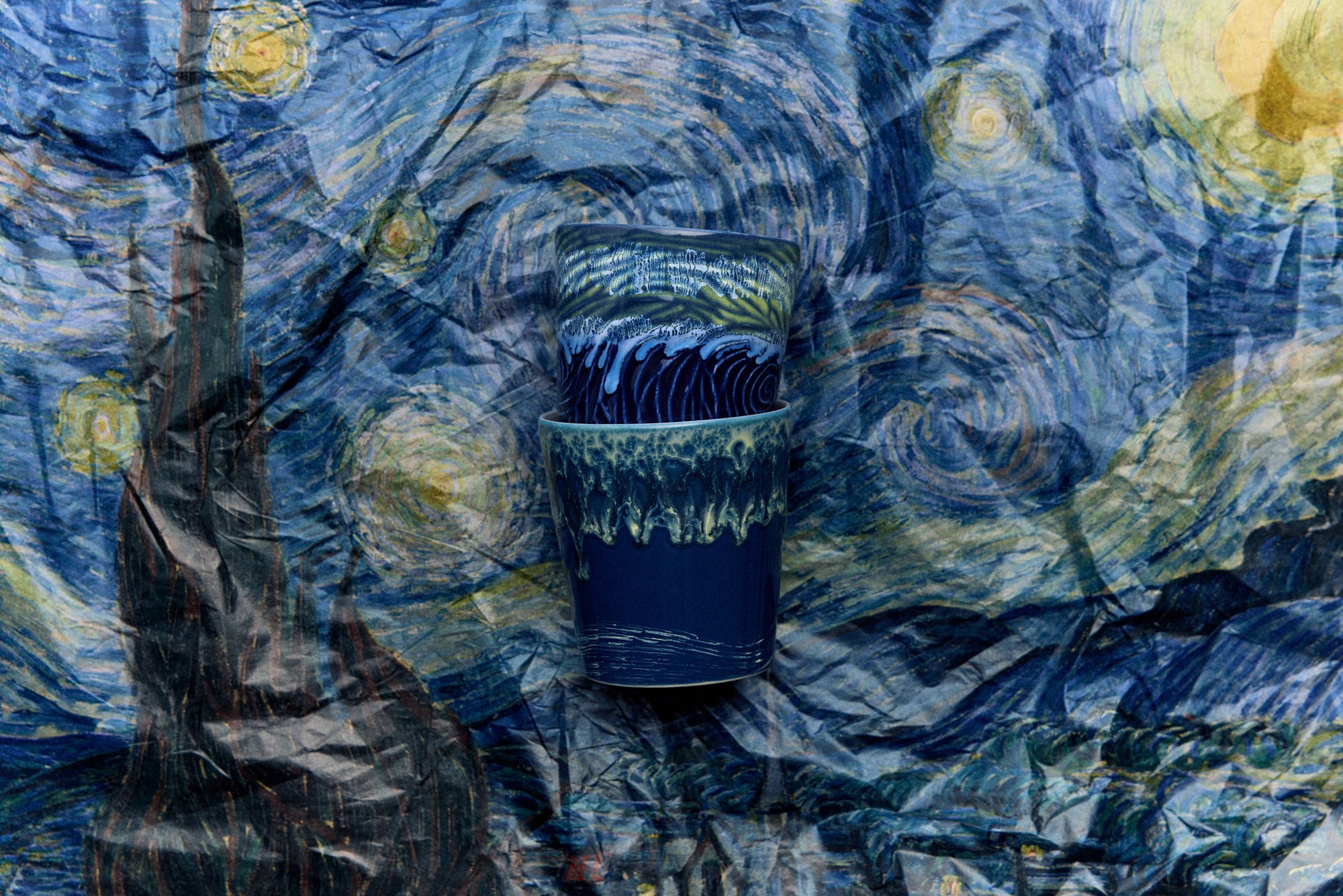 70s ceramics: Van Gogh coffee mugs, starry night, set of 2