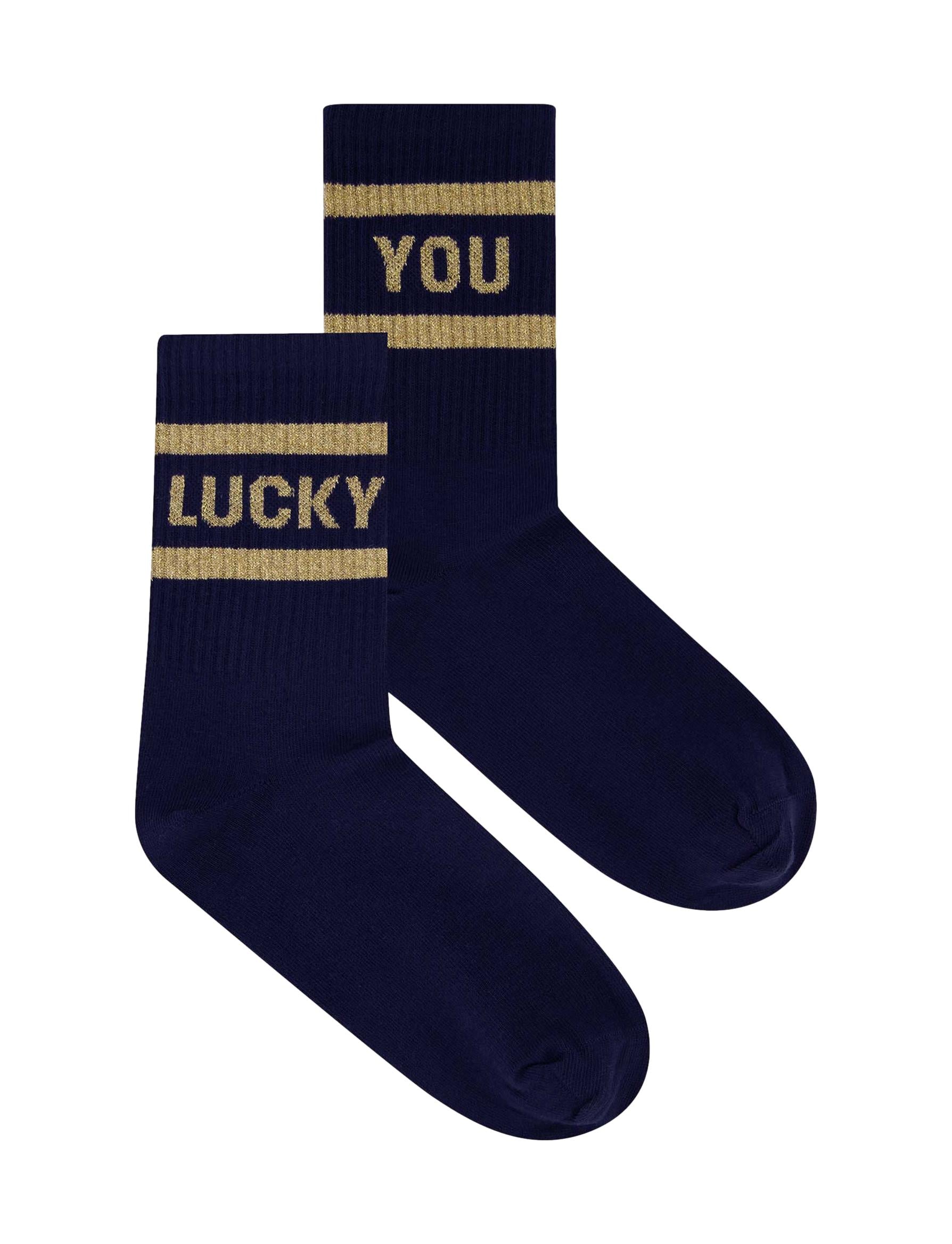 Lucky sparkle navy socks, Gold