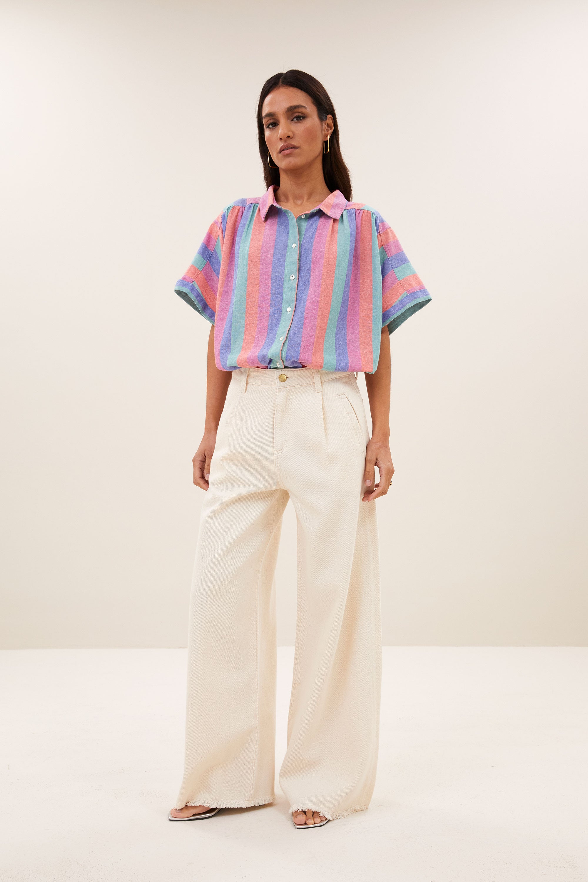 Sunny rainbow pleats blouse, rainbow stripe