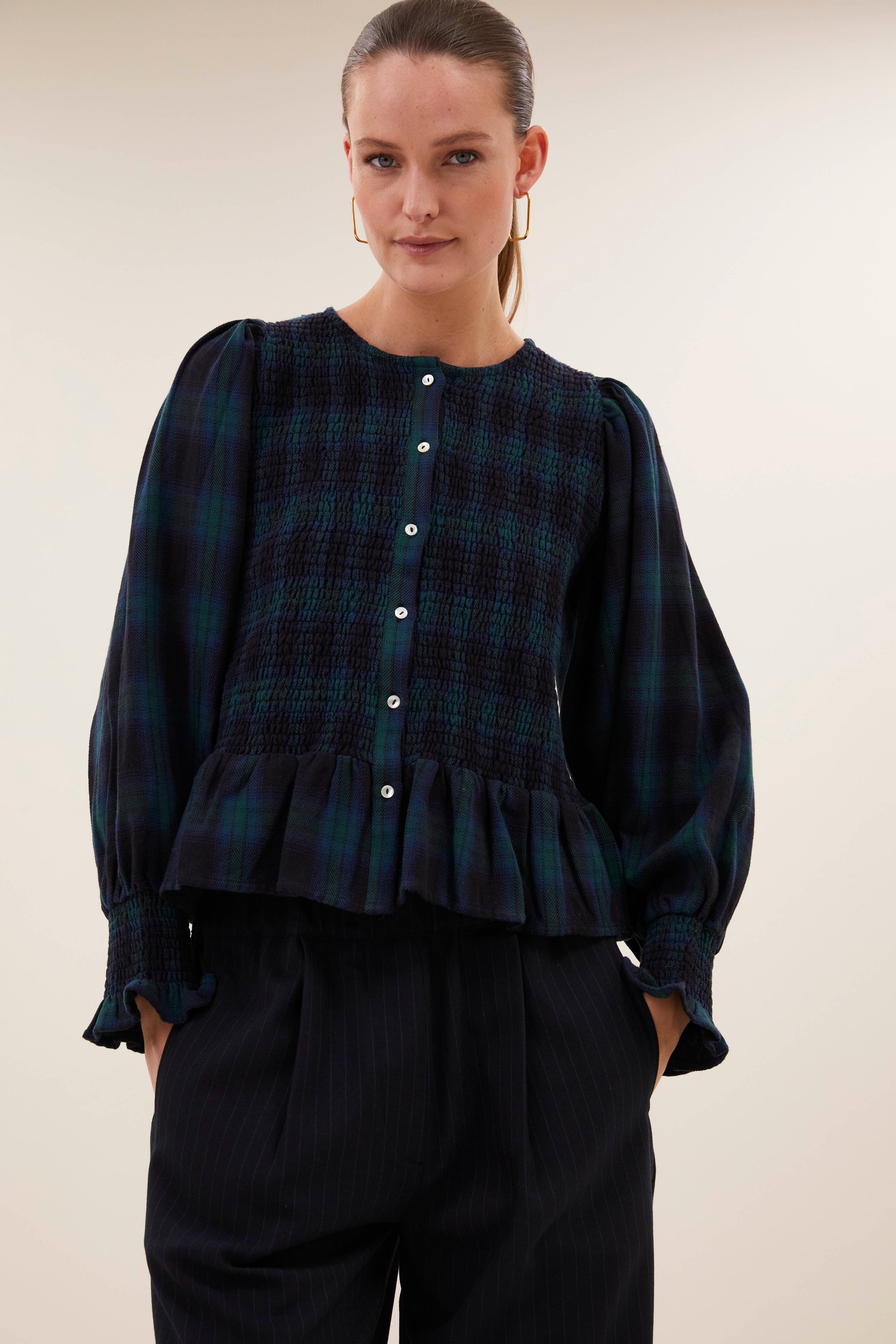 Yena green check blouse, Green tartan check