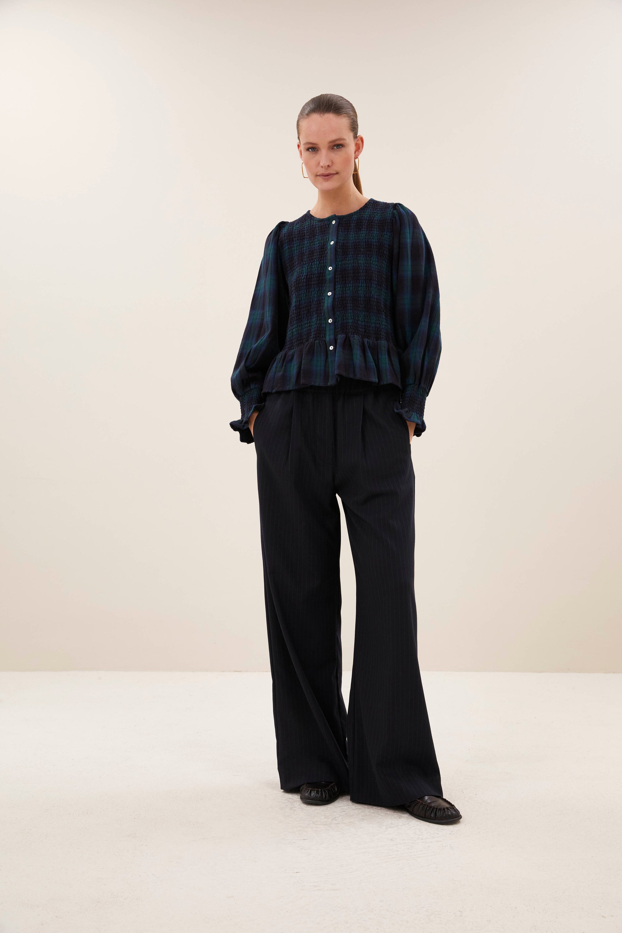 Yena green check blouse, Green tartan check